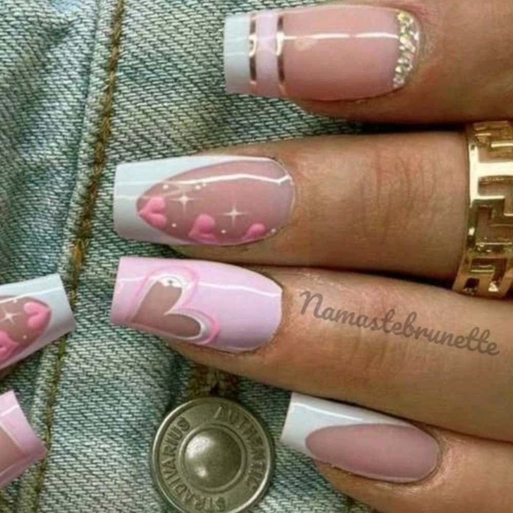 2/$16 Rhinestone Hearts French Manicure Press On Nails